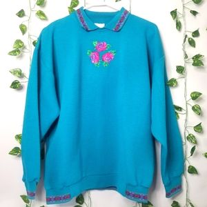 Hasting&Smith Sport Embroidered Floral Accent Grandma Collared Sweater L…